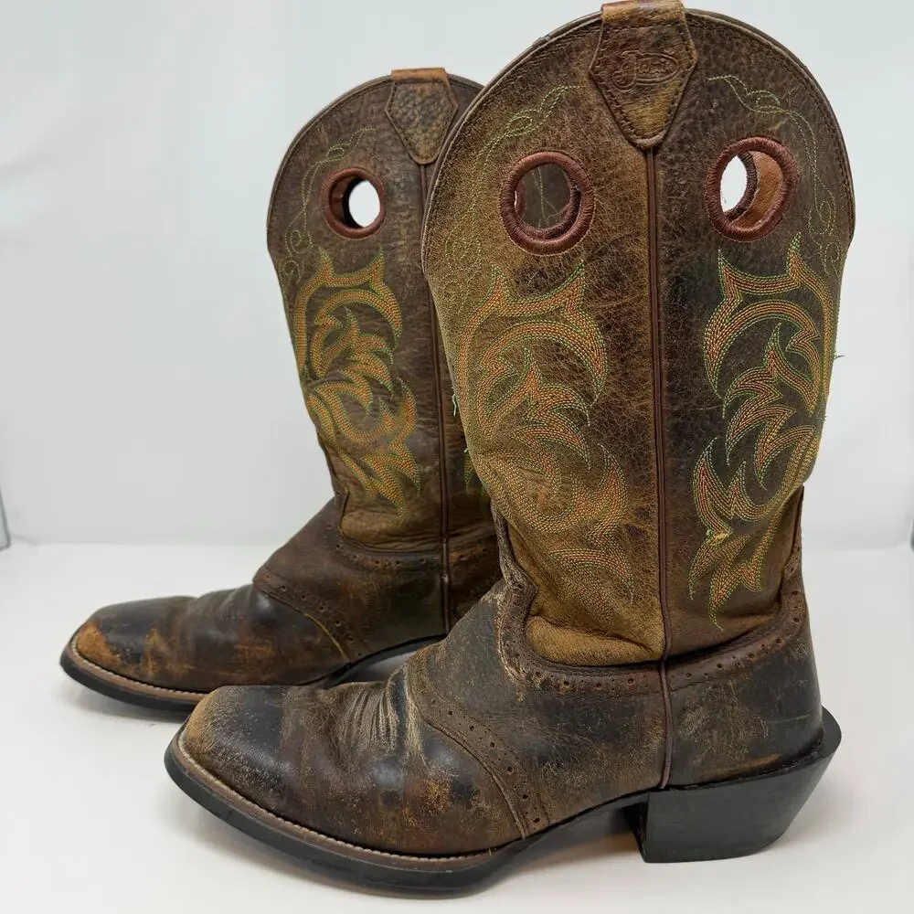 Justin Stampede Square Toe Western Boot Men's 9D Brown Leather Cowboy